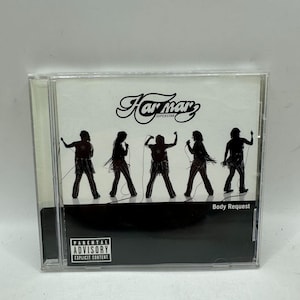 Op de afbeelding: Een doorzichtig plastic cd-doosje met het album Body Request van Har Mar Superstar. De hoes toont vijf zwarte silhouetten van optredende personen op een witte achtergrond, met de naam van de artiest en een Parental Advisory-label.
