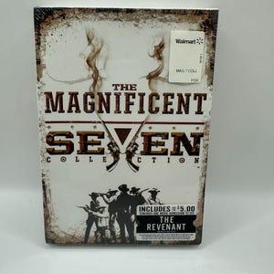 May include: A sealed DVD set of "The Magnificent Seven Collection" with a distressed, vintage design. The title is in large, bold letters with crossed revolvers. Includes a movie admission to see "The Revenant".