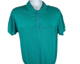 Vintage Peter B Men's Polo Shirt Large Teal Ribbed Short Sleeve Casual Retro Style Made in Korea