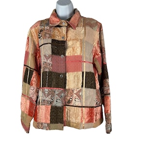 Multiples Womens Patchwork Button-Up Jacket M Rayon/Polyester Brown & Pink