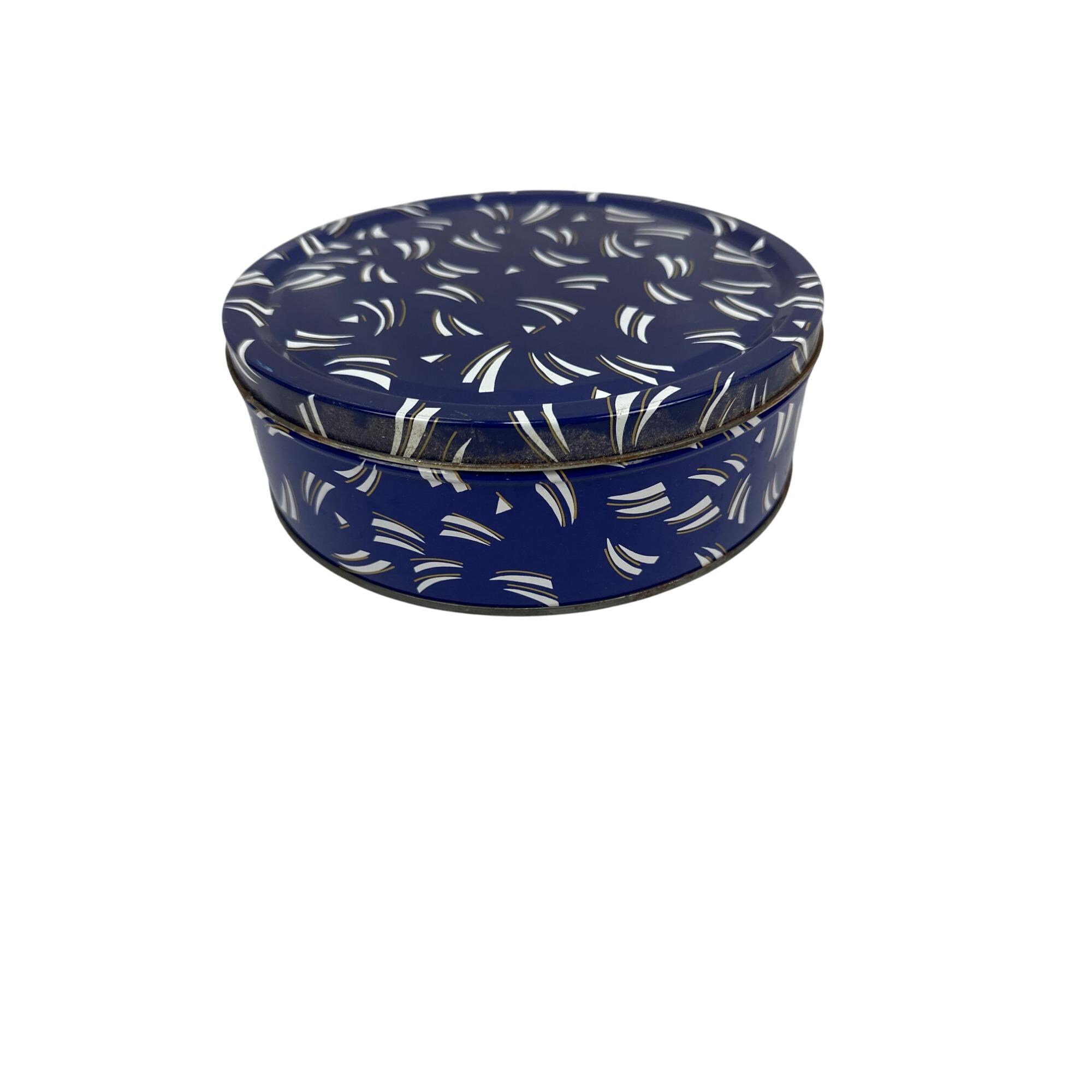 Vintage Round Tin Decorative Storage Container Blue White Abstract