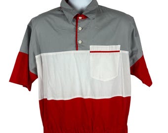 Vintage Award Colorblock Short Sleeve Men's Shirt with Pocket, Casual Button-Down Top, Retro Fashion, Red Gray Cotton, Size L
