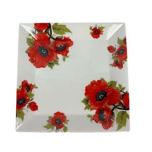 Peppertree Tabletops Poppy Square Porcelain Plate 10.25" Floral Microwave Dishwasher Safe
