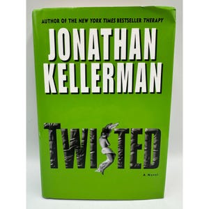 May include: A paperback book with a bright green cover. The title "TWISTED" is in large, dark, textured letters, with an illustration of a person. The author's name, "JONATHAN KELLERMAN," is in large white letters. The text "A Novel" is at the bottom.