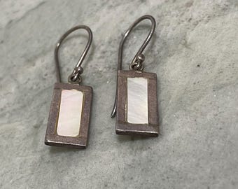 Mother Of Pearl Silver Drop Dangle Earrings Geometric Modernist Vintage