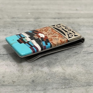Sterling Silver Turquoise Coral Zuni Inlay Money Clip