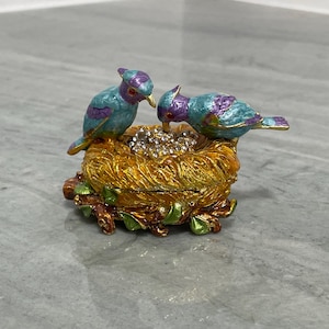 Trinket Box Bejeweled Birds in Nest With Swarovski Crystals Eggs Hinged