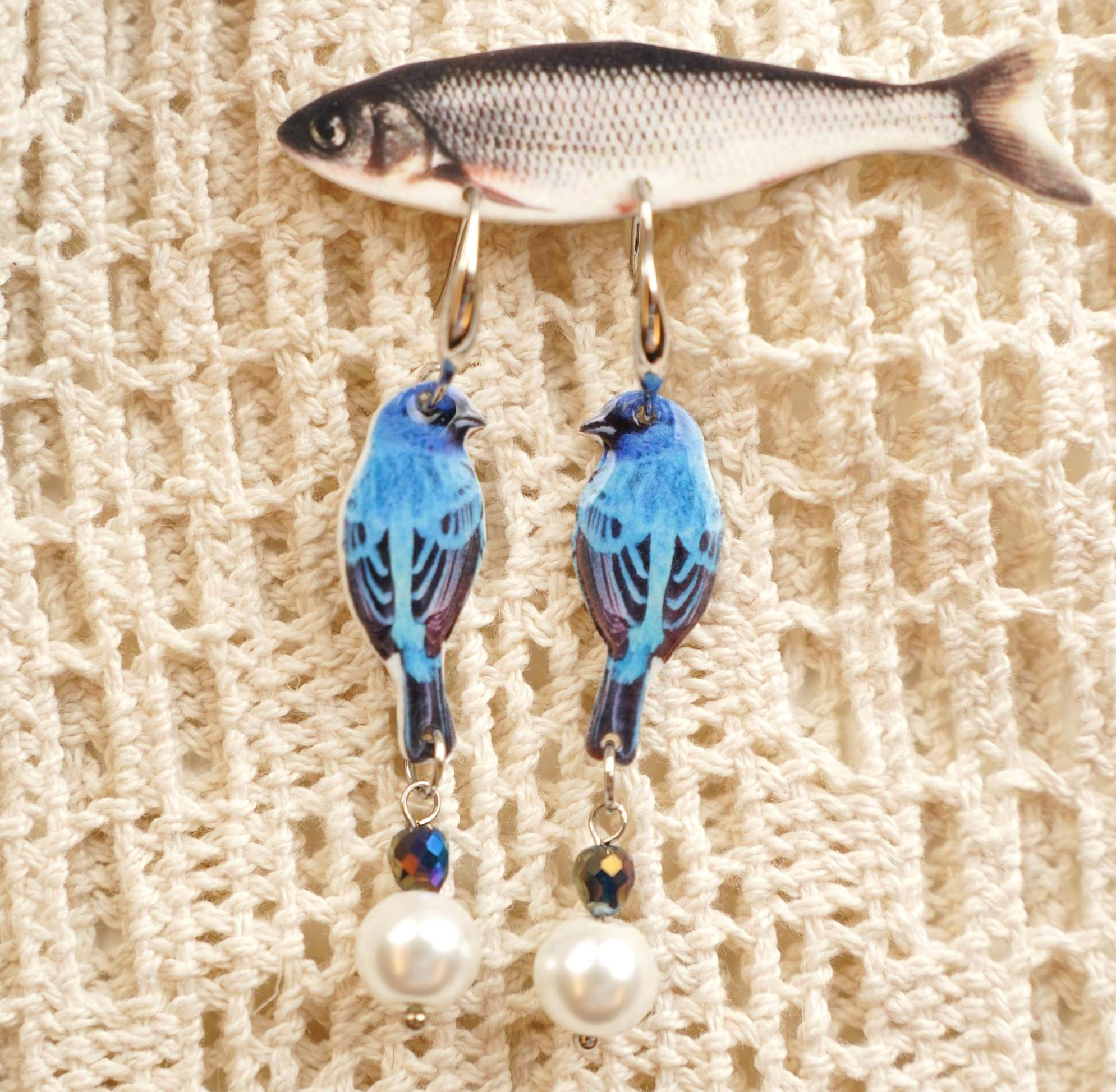 Blue bird earrings | Flower bird earrings | resinated cyanotype botanical illustration | Cute Animal Jewelry for Women Girls Gifts