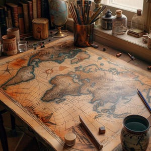 Mapa del mundo de fantasía dibujado a mano con ubicaciones míticas