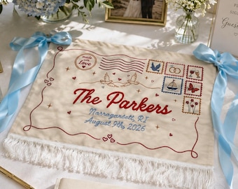 Custom Hand Emboridered Envelope Wedding banner, Postcard Wedding banner Welcome Sign,Fabric Banner for Weddings,wedding signage