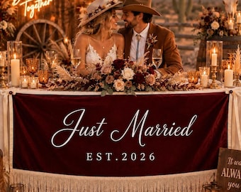 Just Married Sweetheart Table Banner,  Fringe Wedding Sign, Velvet Wedding Reception Decor, Bridal Table Banner, Boho Wedding Decoration