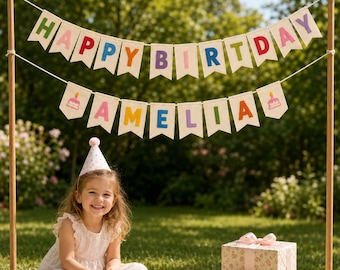 Personalized Happy Birthday Banner, Linen Birthday Garland, Custom Name Bunting, Reusable Party Decor, Neutral Sustainable Birthday Decor