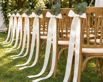 Pre Tied Ivory Satin Chair Bows, Wedding Aisle Ribbon Bow Decor, Elegant Ceremony Chair Decor