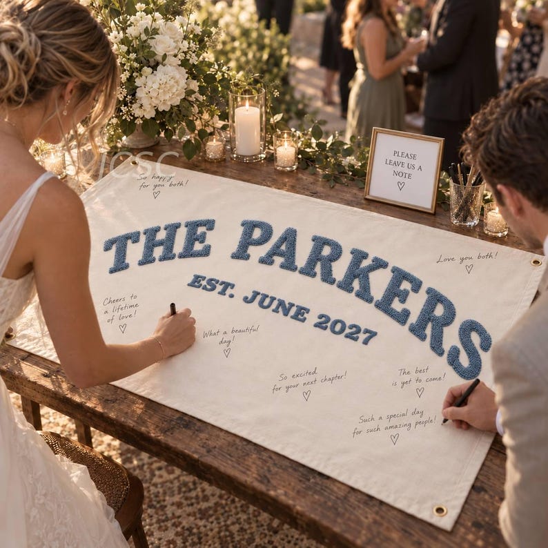 Custom Wedding Guest Book Alternative, Embroidered Last Name Pennant Custom Wedding Guest Book Alternative, Embroidered Last Name Pennant