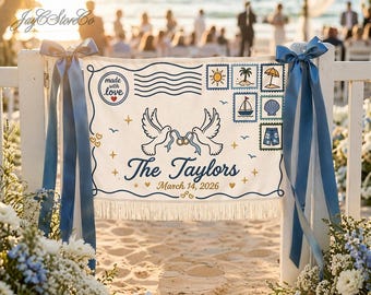 Custom Hand Embroidered Wedding Banner, Vintage Postcard Wedding Welcome Sign, Personalized Fabric Wedding Backdrop, Custom Wedding Signage