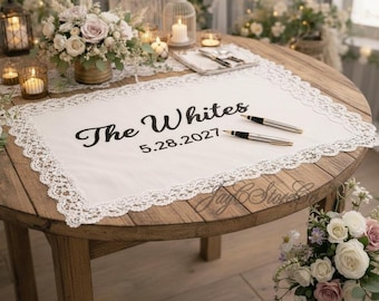 Hand Embroidered Lace Wedding Table Banner, Personalized Last Name & Date, Custom Wedding Guest Book Alternative, Elegant Bridal Table Decor
