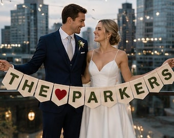 Personalized Last Name Wedding Banner, Custom Embroidered Name Garland, Rustic Wedding Sign, Just Married Photo Prop, Reception Decor