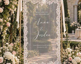 Personalized Sheer Lace Wedding Welcome Sign, Custom Wedding Entrance Banner, Hanging Fabric Sign, Romantic Reception Decor