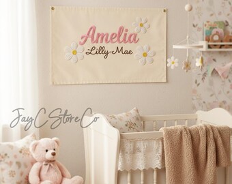 Personalized Girl Name Banner, Custom Embroidered Canvas Wall Flag, Kids Room Decor