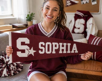 Custom College Felt Pennant, Personalized School Logo & Name Banner, Athlete Gift, Cheerleader Gift, Football Player Gift, Dorm Decor