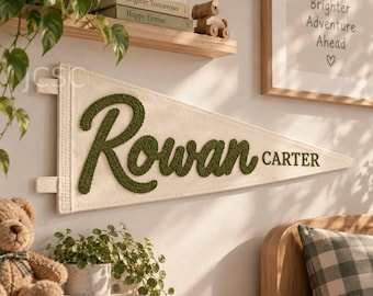 Custom Name Pennant, Personalized First and Last Name Flag, Hand Embroidered Kids Room Decor, Nursery Wall Hanging, Baseball Player Gift