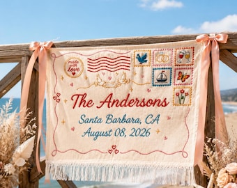 Custom Hand Emboridered Envelope Wedding banner, Postcard Wedding banner Welcome Sign
