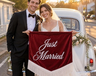 Custom Just Married Velvet Banner, Personalized Wedding Car Banner, Vintage Wedding Getaway Decor, Bridal Photo Prop