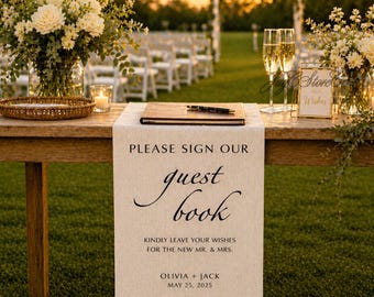 Letrero personalizado para el libro de firmas de boda, pancarta de lino para el libro de firmas, letrero "Por favor, firme nuestro libro de firmas", letrero para la recepción.