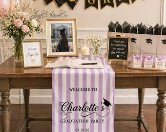 Personalized Graduation Table Runner, Custom Name Grad Party Decor, Cotton-Linen Fabric