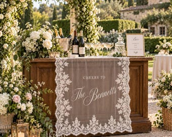 Custom Lace Sheer Bar Sign, Custom Wedding Bar Banner, Elegant Cocktail Hour Drink Station Decor