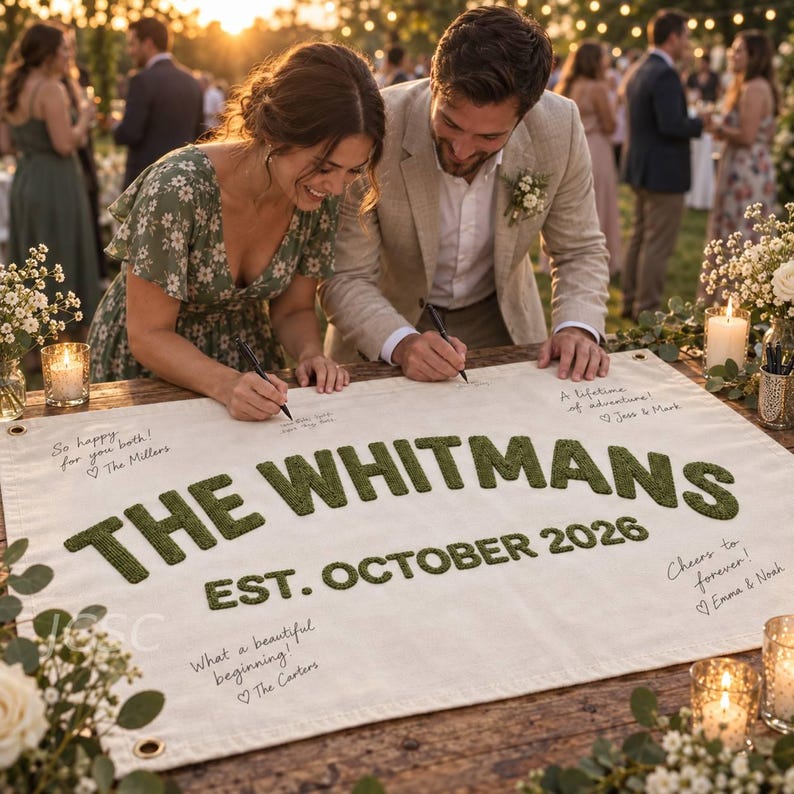 Custom Wedding Guest Book Alternative, Embroidered Last Name Pennant Custom Wedding Guest Book Alternative, Embroidered Last Name Pennant