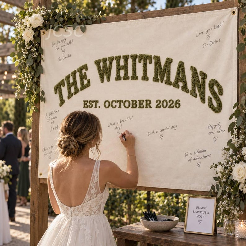 Custom Wedding Guest Book Alternative, Embroidered Last Name Pennant Custom Wedding Guest Book Alternative, Embroidered Last Name Pennant