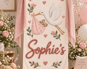 Custom Embroidered Baby Shower Welcome Sign, Personalized Linen Fabric Banner, Stork Teddy Nursery Decor, Baby Shower Backdrop