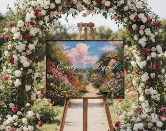 Custom Wedding Landscape Sign, Personalized Name & Date Art, Elegant Wedding Entrance Decor, Floral Wedding Welcome Sign