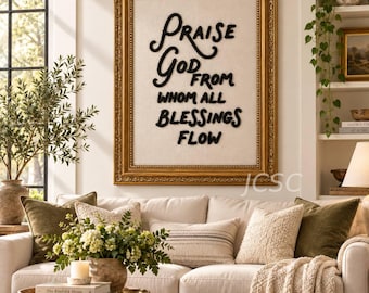 Christian Embroidered Framed Decor, Praise God from Whom All Blessings Flow, Doxology Hymn Tabletop Decor, Vintage Faith Shelf Decor