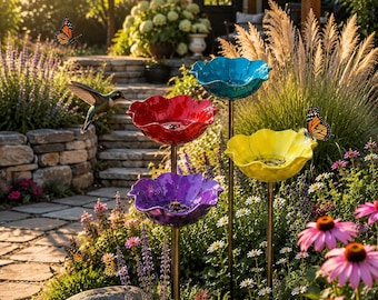 Bee Waterer & Hummingbird Feeder Stake - Flower Butterfly Puddler - Pollinator Garden Bird Bath - Outdoor Yard Art Decor