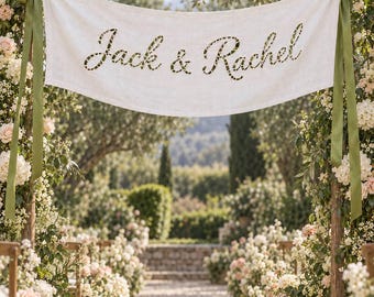 Custom Wedding Banner, Personalized Linen Sign, Cutwork Embroidery Wedding Decor, Wedding Backdrop, Reception Sign, Heirloom Banner