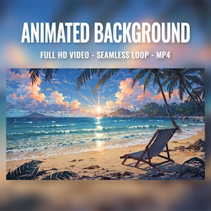 Pode incluir: Vídeo de fundo animado que apresenta uma cena de praia com palmeiras, um pôr do sol e uma cadeira na areia. O vídeo está em Full HD e é um loop sem fim.