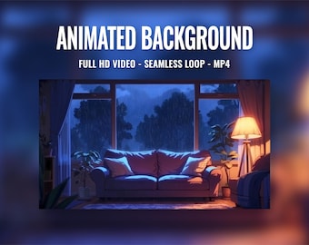 Può includere: Un video di sfondo animato che presenta un accogliente soggiorno con un divano, piante e una lampada. La finestra mostra una scena notturna piovosa con alberi e una montagna in lontananza. Il testo "ANIMATED BACKGROUND" e "FULL HD VIDEO - SEAMLESS LOOP - MP4" è visualizzato sopra l'immagine.