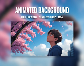 Puede incluir: Un vídeo de fondo animado con una persona joven mirando hacia arriba a un árbol de cerezo en flor con flores rosas y pétalos que caen sobre un cielo azul con nubes blancas. El texto "ANIMATED BACKGROUND" está en la parte superior de la imagen y el texto "FULL HD VIDEO - SEAMLESS LOOP - MP4" está debajo.
