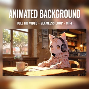 May include: A white cat wearing headphones sits at a table in a cafe. The cat is looking at a piece of paper on the table. There is a cup of coffee and a plate on the table. The cafe has a window with a view of trees and buildings. The text "ANIMATED BACKGROUND" is at the top of the image. The text "FULL HD VIDEO - SEAMLESS LOOP - MP4" is below the first line of text.