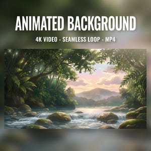 May include: Animated background video with a serene river scene. The image features a flowing river with rocks, lush green trees, and a mountain range in the distance. The text "ANIMATED BACKGROUND" and "4K VIDEO - SEAMLESS LOOP - MP4" are displayed.