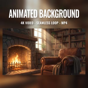 May include: An animated background image featuring a cozy library scene. A fireplace with a roaring fire is on the left, and a leather armchair with a blanket sits in front of a bookshelf. The text "ANIMATED BACKGROUND" is at the top.
