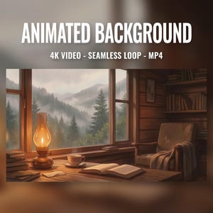 May include: An animated background image featuring a cozy cabin interior with a lit oil lamp, open book, and a cup of coffee on a wooden table. The window overlooks a misty mountain landscape. Text reads "ANIMATED BACKGROUND 4K VIDEO - SEAMLESS LOOP - MP4".