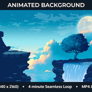 Peut inclure: Un fond animé avec la silhouette d'une personne assise sur une falaise surplombant une cascade et une grande lune dans le ciel. L'arrière-plan est un dégradé bleu et violet avec des nuages.