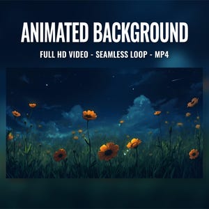 Könnte beinhalten: Animierter Hintergrund-Video mit einem Nachthimmel mit Sternen und einem Feld mit orangefarbenen Blumen. Das Video ist eine nahtlose Schleife und in Full HD.
