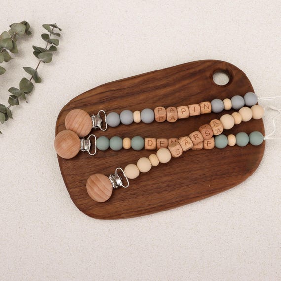 Personalized Custom Pacifier Clip, Boho Binky Clip, Wooden Baby Dummy Chain,Baby Shower Gift, Baby Boy and Girl Keepsake Gift, Handmade