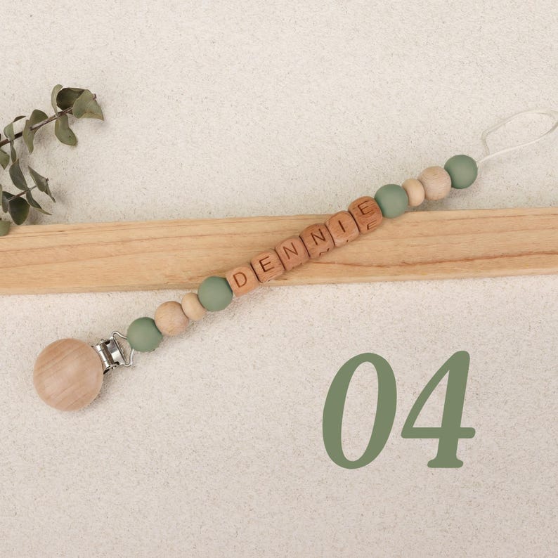 Sujetachupetes personalizado, estilo bohemio, cadena de madera para chupete, regalo para baby shower, recuerdo para bebé (niño o niña), hecho a mano 04