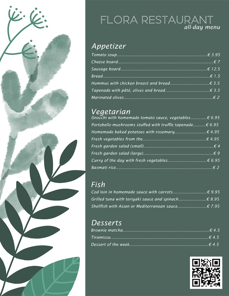 Restaurant Food Menu Template Fillable Pdf With QR CODE - Etsy