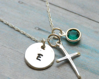 First Communion Necklace - Communion Jewelry - with Sterling Silver Cross and Swarovski Birthstone and Initial
